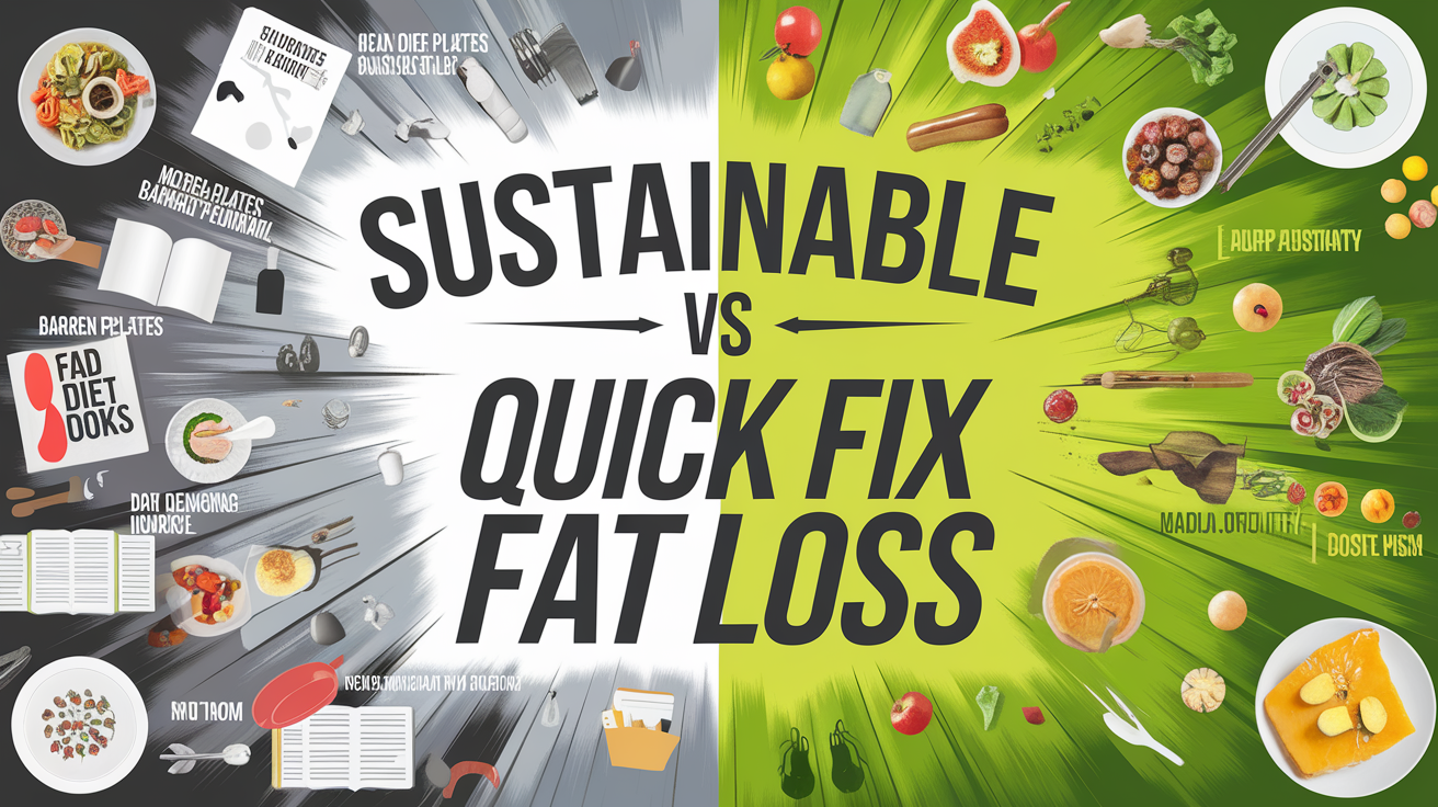 Sustainable vs Quick Fix Fat Loss A split image contrasts "Sustainable" and "Quick Fix" fat loss. The left, gray-toned, shows diet books, empty plates, and equipment, conveying restriction. The right, vibrant green, features fresh fruits, vegetables, and balanced meals, symbolizing health and longevity.