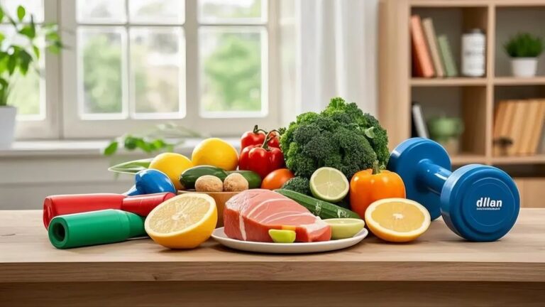 Fat Loss and Muscle Loss Prevention A wooden table with fresh vegetables, citrus fruits, and a salmon fillet, alongside colorful dumbbells. The setting is bright, evoking a healthy lifestyle.