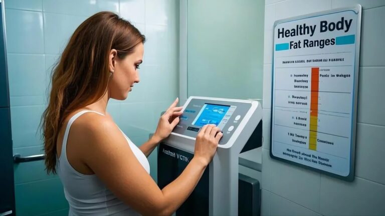 Body Fat Percentage Explained A woman in a white tank top uses a digital body composition analyzer in a tiled room. A chart titled "Healthy Body Fat Ranges" is visible on the wall.