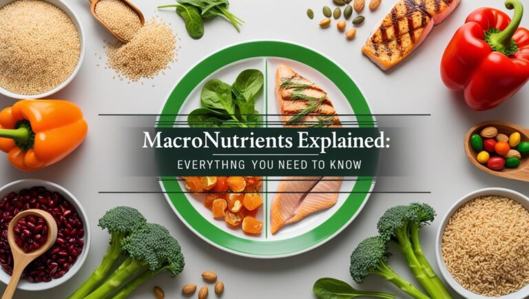 Macronutrients Explained: Everything You Need to Know A colorful assortment of foods surrounds a plate divided to display spinach, salmon, and oranges. Text reads "MacroNutrients Explained: Everything You Need to Know."