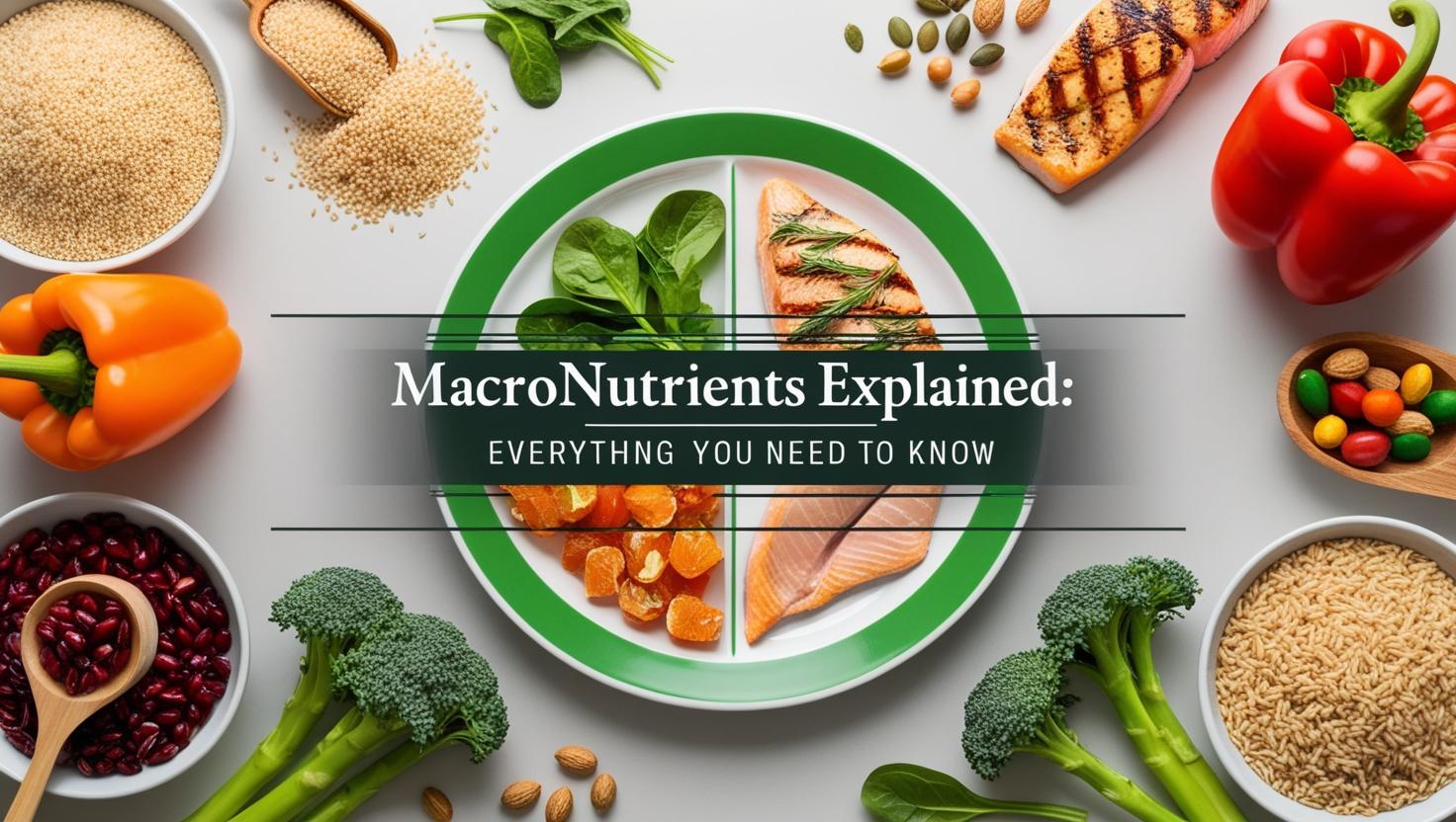 Macronutrients Explained: Everything You Need to Know A colorful assortment of foods surrounds a plate divided to display spinach, salmon, and oranges. Text reads "MacroNutrients Explained: Everything You Need to Know."