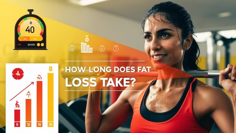 Fit woman in gym lifting weights with sweat, smiling confidently. Overlay text reads "How long does fat loss take?" with infographic bars. Bright, motivational tone.