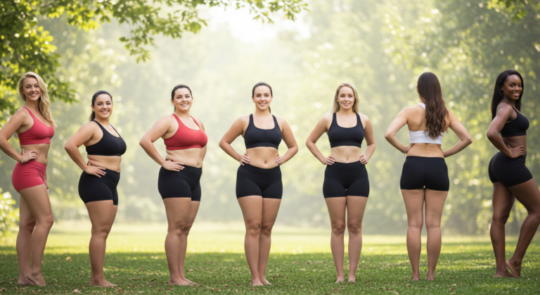 Fat Loss for Different Body Types Seven women in athletic wear stand side by side, smiling confidently in a sunlit park. The scene conveys empowerment and body positivity.