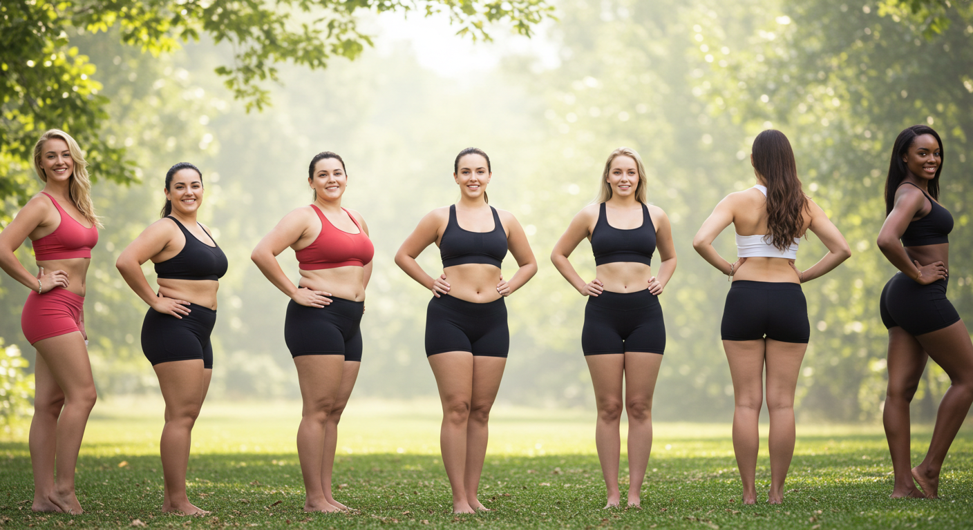 Fat Loss for Different Body Types Seven women in athletic wear stand side by side, smiling confidently in a sunlit park. The scene conveys empowerment and body positivity.