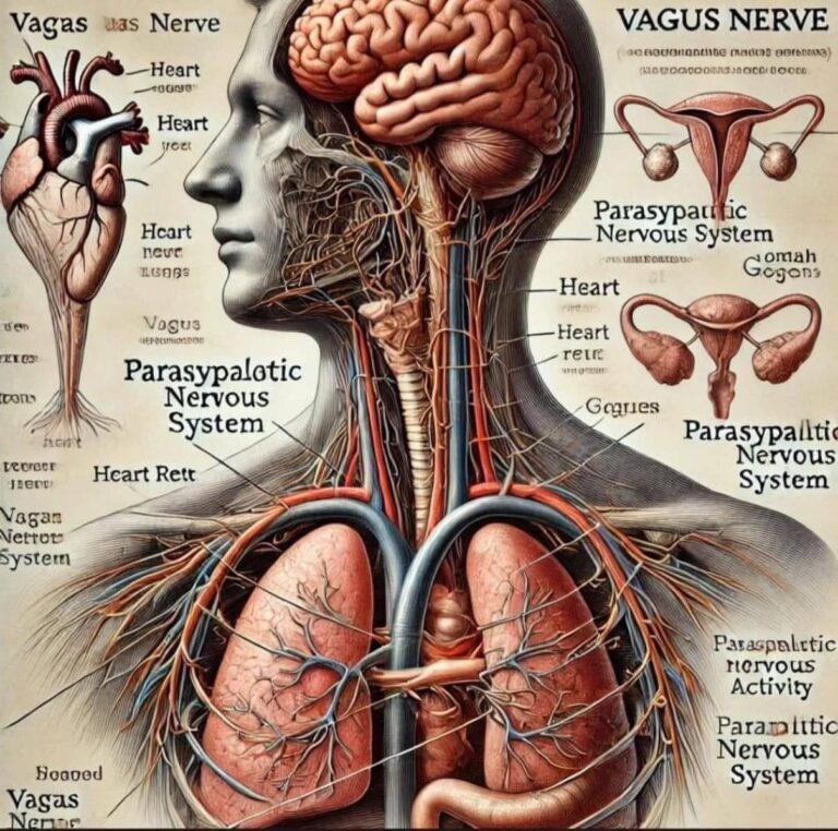 pHix Matured Hops Extract Activates the Vagus Nerve Illustrated diagram of the human body, highlighting the vagus nerve, brain, lungs, heart, and parasympathetic nervous system. Labels appear misspelled.