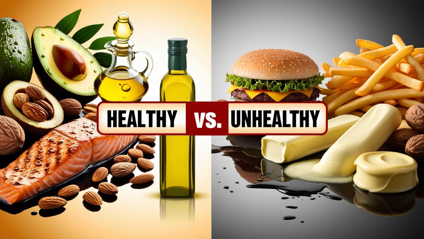 Healthy Fats vs Unhealthy Fats: Choosing Right
Split image comparing healthy and unhealthy foods. Left side: avocado, salmon, nuts, olive oil. Right side: burger, fries, butter. Text reads “Healthy vs. Unhealthy.”