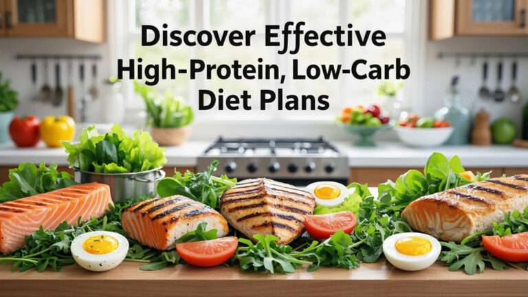 Discover Effective High-Protein, Low-Carb Diet Plans Grilled salmon and chicken with boiled eggs and leafy greens on a wooden counter. Text reads "Discover Effective High-Protein, Low-Carb Diet Plans." Bright, fresh kitchen setting.