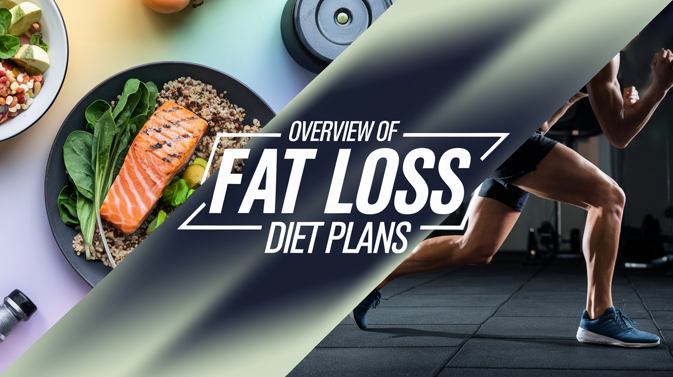 Alt text: A diagonal split image for "Overview of Fat Loss Diet Plans" shows a plate with salmon and greens on the left and a runner's legs on the right.