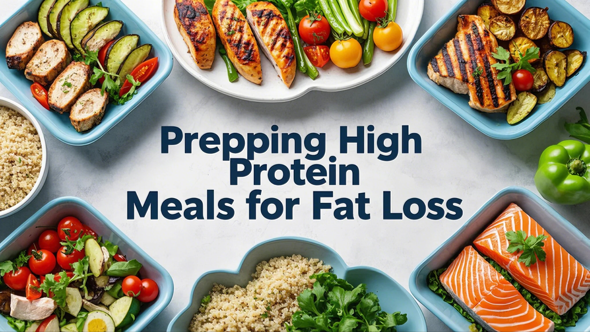 A variety of high-protein meals displayed in containers. Grilled chicken, salmon, vegetables, and quinoa surround the text: "Prepping High Protein Meals for Fat Loss."