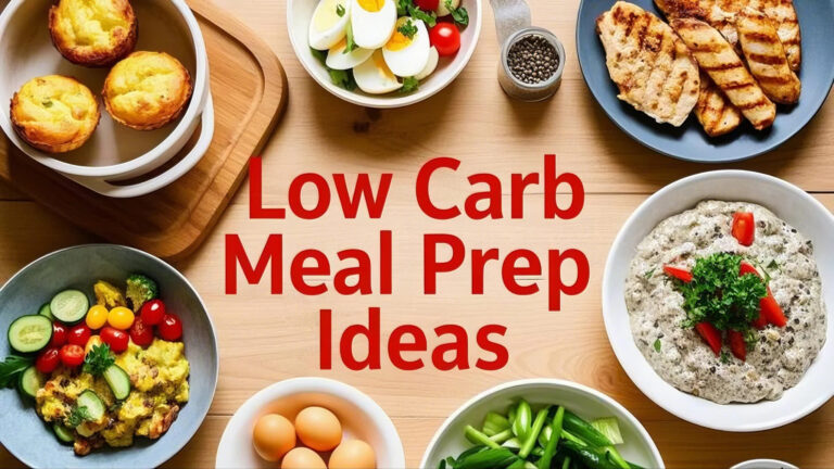 Alt text: "Wooden table with various low-carb meal items: grilled chicken, stuffed eggplant, boiled eggs, omelet muffins, and mixed vegetables. Text reads 'Low Carb Meal Prep Ideas' in red. The setup conveys a healthy and nutritious meal theme."