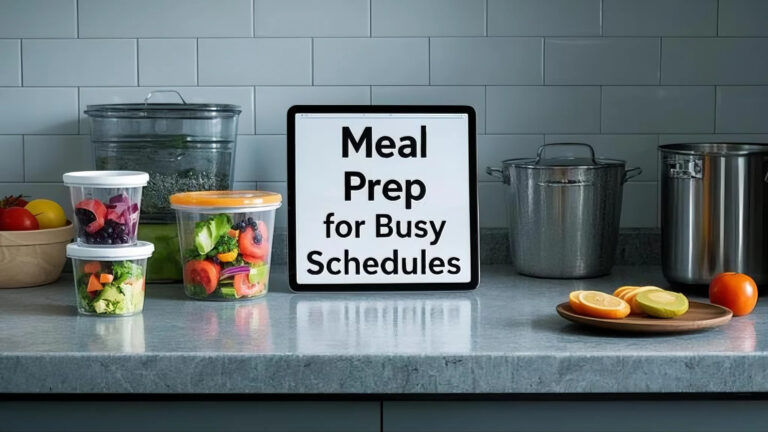 A kitchen counter with meal prep items. Centered is a sign reading "Meal Prep for Busy Schedules." Fresh produce and storage containers are nearby.