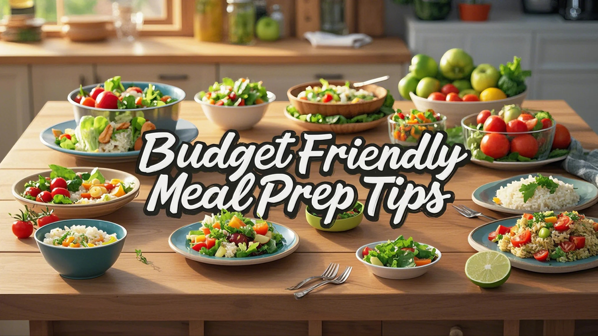 A wooden kitchen table with a variety of colorful salads and rice dishes. Fresh vegetables and fruits in the background. Text reads, "Budget Friendly Meal Prep Tips."