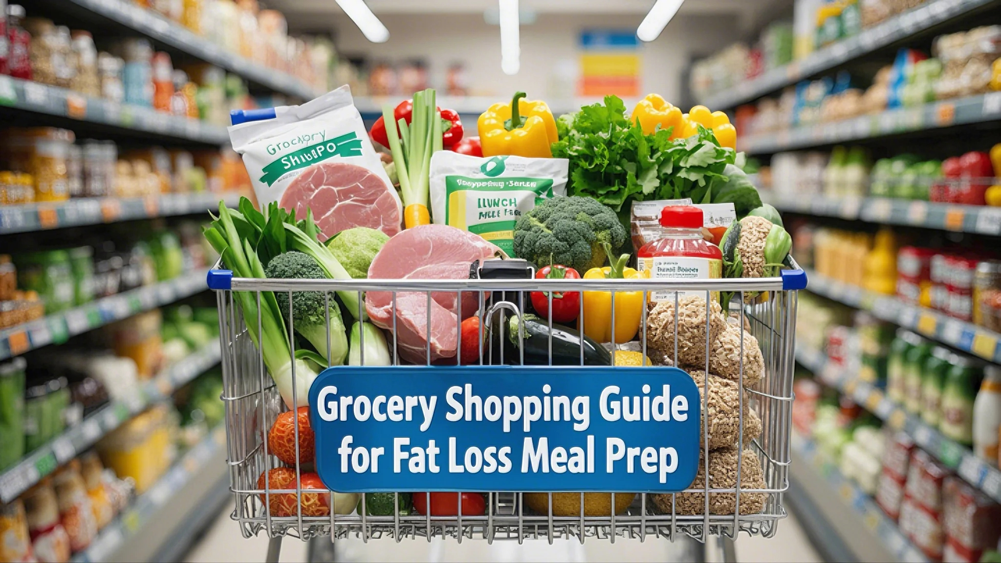 Shopping cart filled with fresh vegetables, meat, and cereal in a grocery store aisle. Sign reads "Grocery Shopping Guide for Fat Loss Meal Prep."