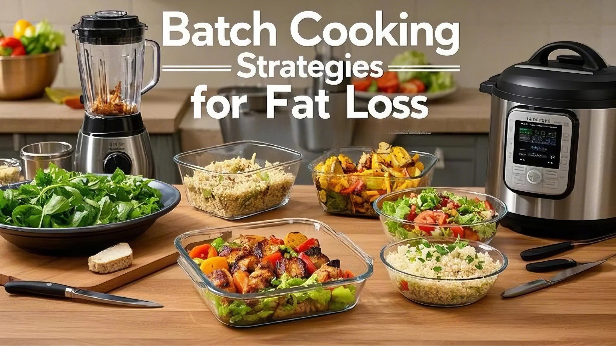 A kitchen counter displays batch cooking for healthy fat loss: salads, quinoa, and roasted vegetables in glass containers, alongside a blender and pressure cooker.