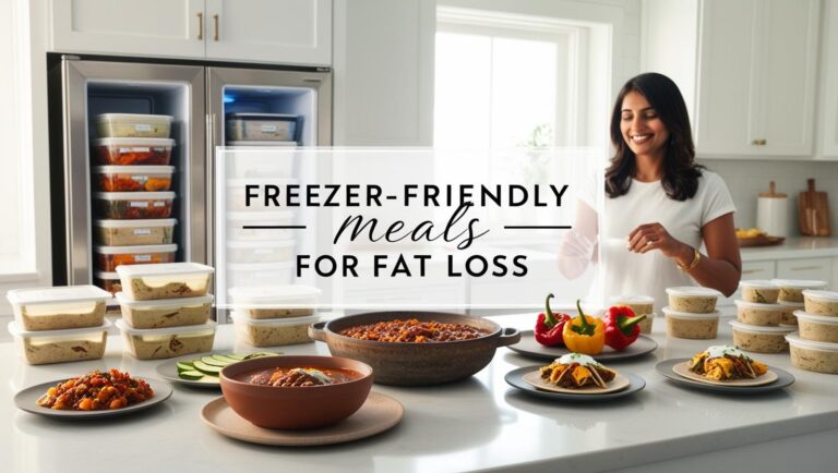 A woman in a bright kitchen smiles while preparing meals. Text reads, "Freezer-friendly meals for fat loss." Labeled containers and colorful dishes fill the countertop.