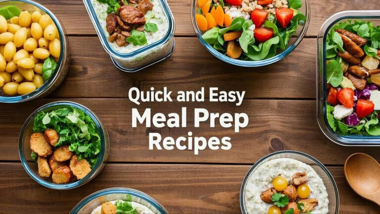 Bowls of colorful, fresh meal prep dishes with grains, vegetables, and proteins are arranged on a wooden table. Text reads "Quick and Easy Meal Prep Recipes."