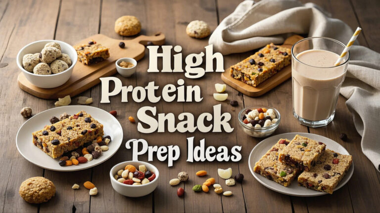 Cozy wooden tabletop with high protein snacks like bars, cookies, trail mix, and a smoothie. Text reads "High Protein Snack Prep Ideas." Inviting and nutritious.