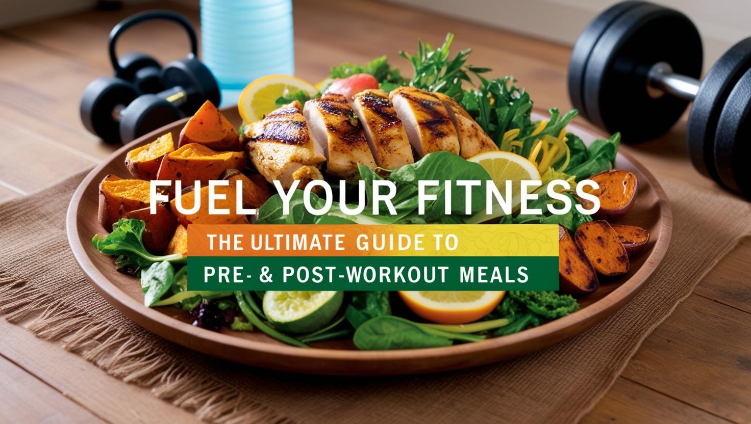 Healthy pre- and post-workout meal with grilled chicken, sweet potatoes, and greens on a wooden plate. Dumbbells and water bottle in the background. Text reads: "Fuel Your Fitness, The Ultimate Guide to Pre- & Post-Workout Meals."