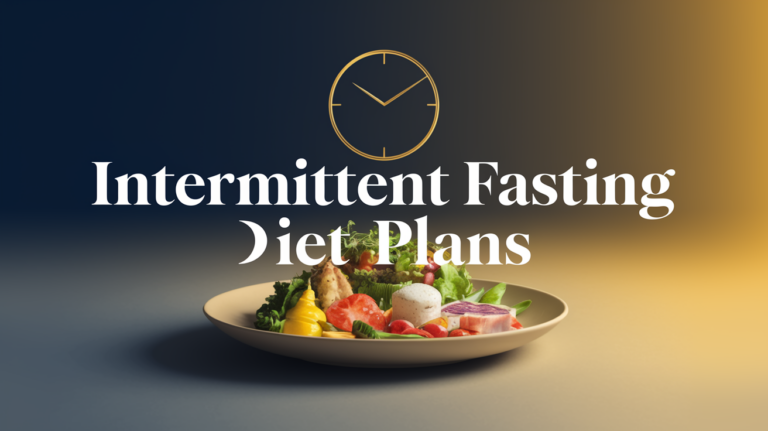 A clock icon and the text "Intermittent Fasting Diet Plans" against a gradient background. Below is a plate with colorful vegetables.