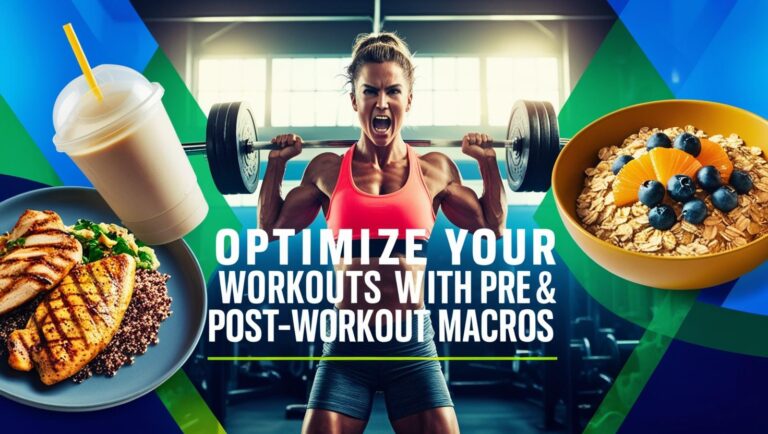 Optimize Your Workouts with Pre & Post-Workout Macros A muscular person lifts weights in a gym, showcasing strength. Surrounding images include a protein shake, chicken with quinoa, and a bowl of fruit-topped cereal. Text reads, "Optimize Your Workouts with Pre & Post-Workout Macros."