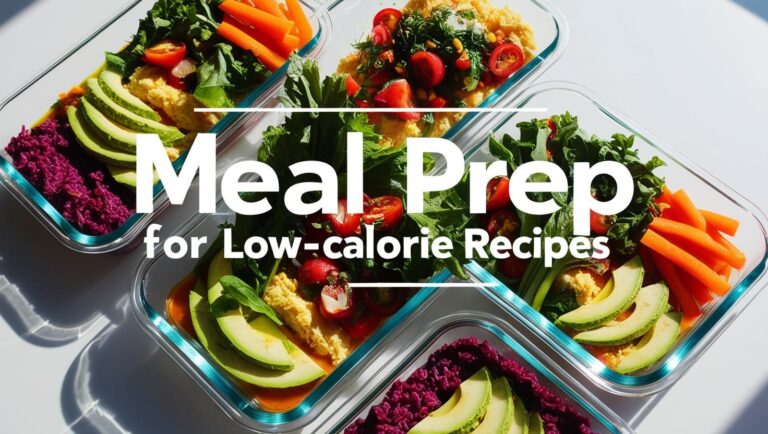 Glass containers filled with colorful vegetables and avocado slices. Overlaid text reads "Meal Prep for Low-calorie Recipes." Bright and fresh tone.