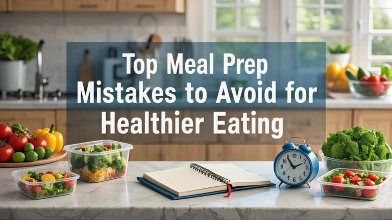 A kitchen countertop displays fresh vegetables, meal prep containers, a notebook, and a clock. Text overlay reads, "Top Meal Prep Mistakes to Avoid for Healthier Eating."