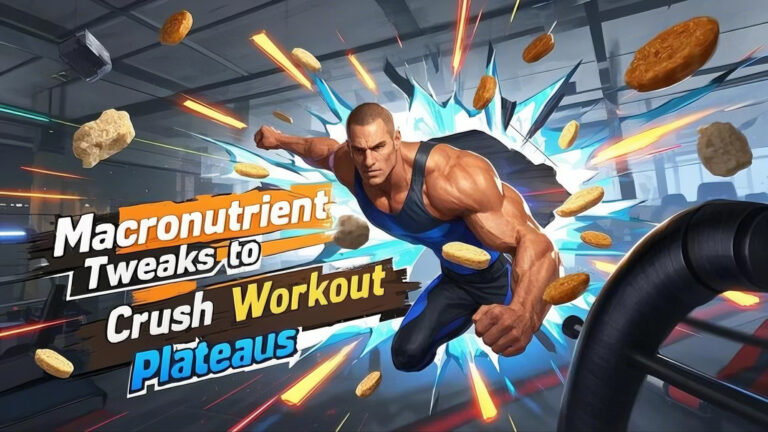 Macronutrient Tweaks to Crush Workout Plateaus A muscular man in athletic gear bursts through a graphic explosion, surrounded by food items. Bold text states "Macronutrient Tweaks to Crush Workout Plateaus" against a dynamic gym background.