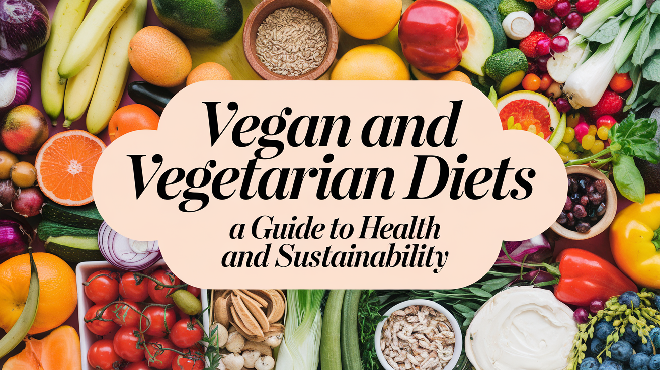 Alt text: "Colorful array of fruits and vegetables surrounds text: 'Vegan and Vegetarian Diets: A Guide to Health and Sustainability.' Keywords include vegan, vegetarian, health, sustainability, fruits, vegetables."