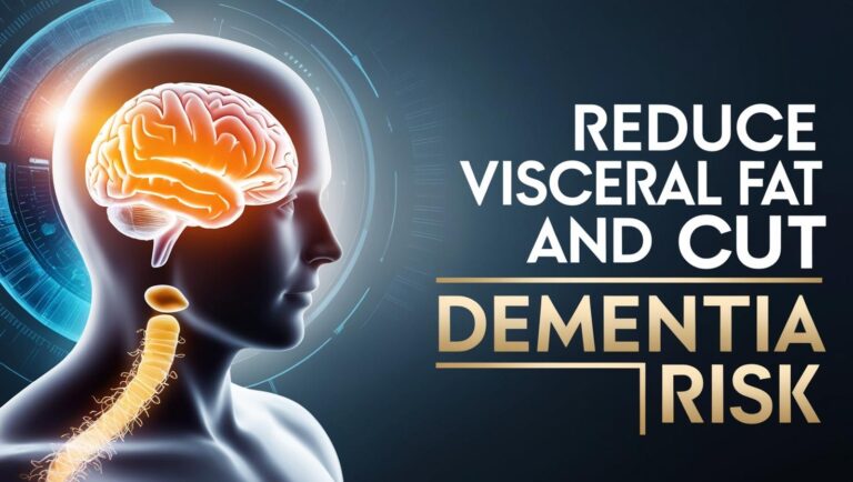 A digital illustration shows a human profile with a highlighted brain and spinal cord. Text reads, "Reduce visceral fat and cut dementia risk."