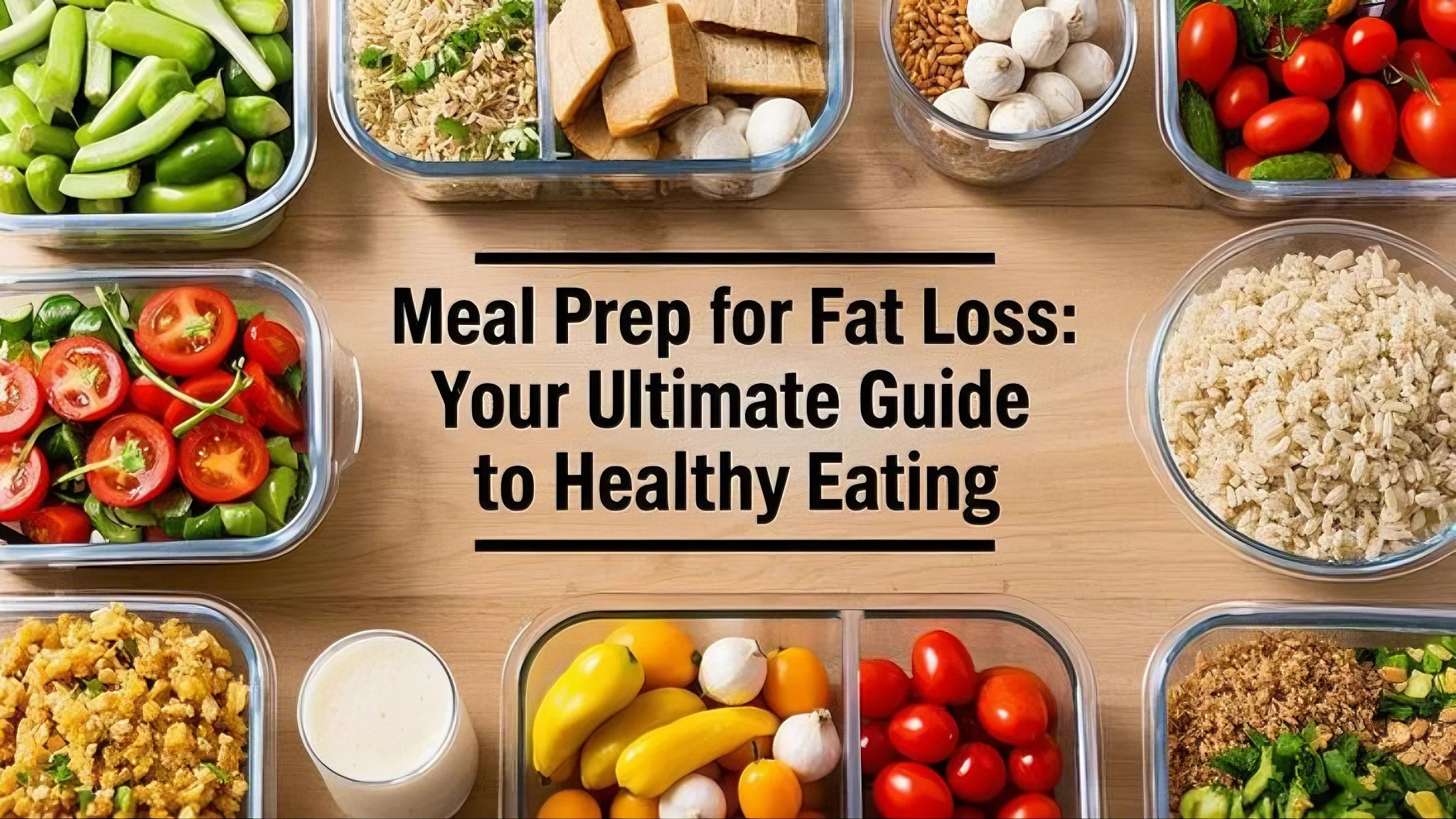 "Assortment of meal prep containers with vegetables, grains, and tofu on a wooden table. Text reads: 'Meal Prep for Fat Loss: Your Ultimate Guide to Healthy Eating.'"