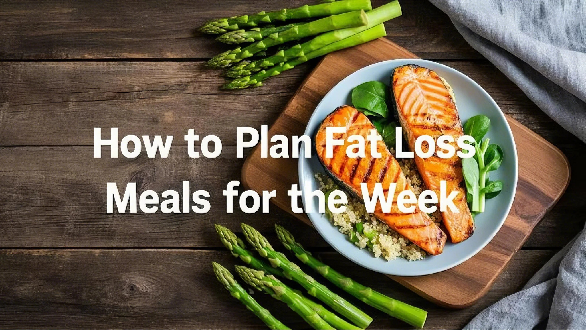 Plate with grilled salmon, asparagus, and quinoa on wooden table. Text reads "How to Plan Fat Loss Meals for the Week." Healthy meal planning concept.