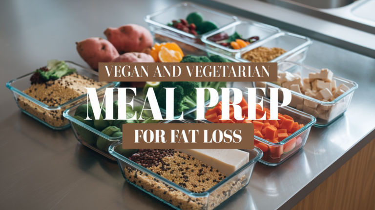 Glass containers filled with quinoa, tofu, vegetables, and sweet potatoes on a kitchen counter. Text reads "Vegan and Vegetarian Meal Prep for Fat Loss."