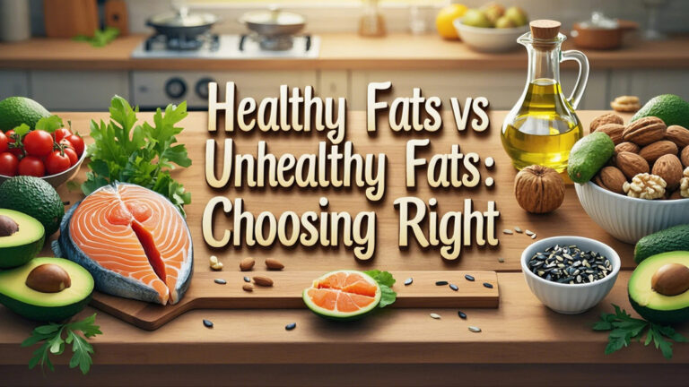 Healthy Fats vs Unhealthy Fats A kitchen scene shows healthy foods like avocados, salmon, nuts, and olive oil around text "Healthy Fats vs Unhealthy Fats: Choosing Right," promoting nutritious eating.