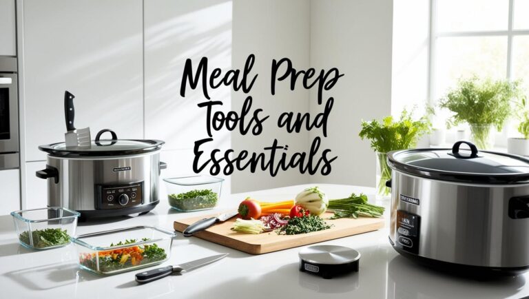 A bright kitchen counter displays meal prep tools and fresh vegetables. Two slow cookers, a cutting board, and herbs create an organized, inviting atmosphere.