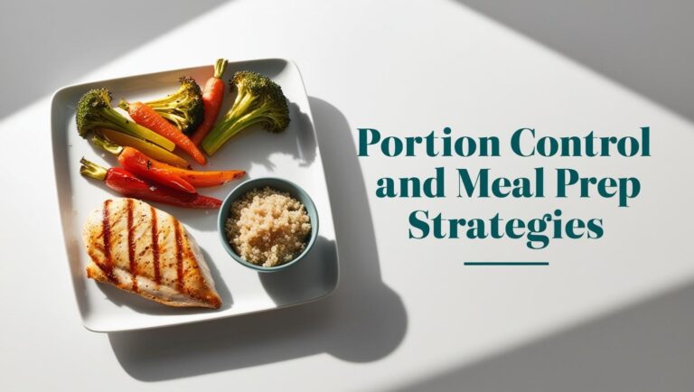 Grilled chicken, quinoa, broccoli, and roasted carrots on a square plate under soft lighting. Text reads “Portion Control and Meal Prep Strategies.”