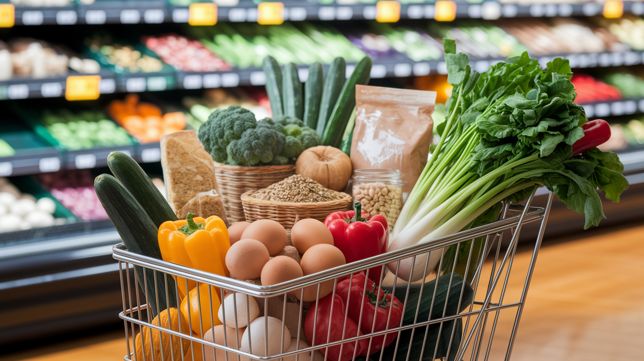 A shopping cart filled with fresh vegetables and eggs is in the foreground of a grocery store's produce aisle. Vibrant colors create a fresh, healthy feel.