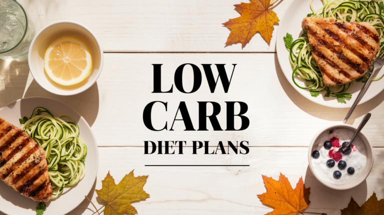 Grilled chicken on zucchini noodles with lemon water, berries in yogurt, and autumn leaves surround "Low Carb Diet Plans" text on a light wood background.