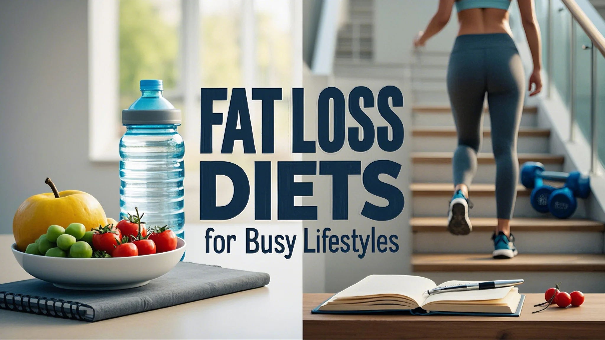 A water bottle and a bowl of fruit are next to bold text reading "Fat Loss Diets for Busy Lifestyles." A person in gym attire ascends stairs.