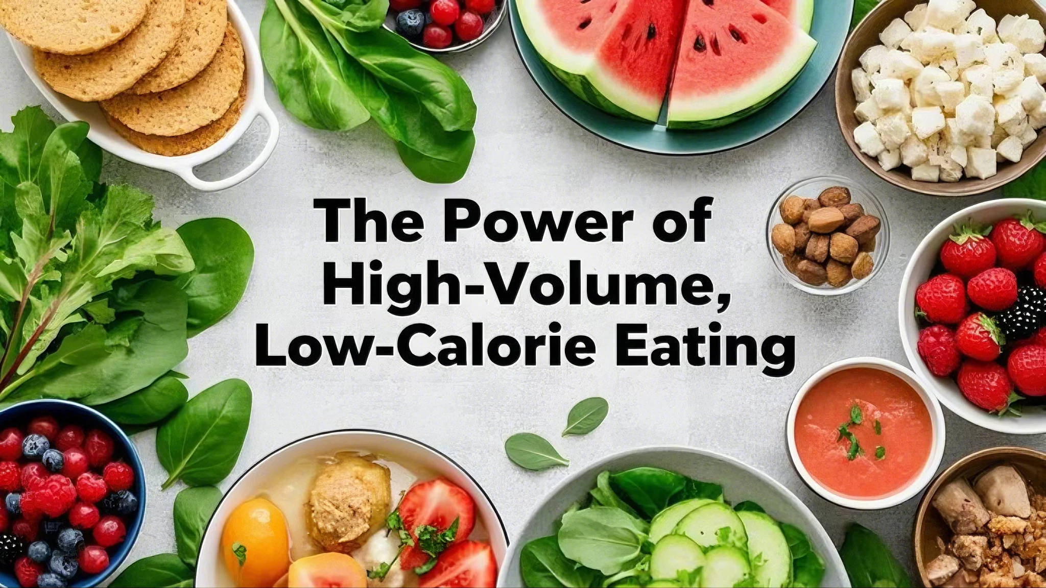 Assorted healthy foods including leafy greens, berries, watermelon, and nuts surround the text, "The Power of High-Volume, Low-Calorie Eating."