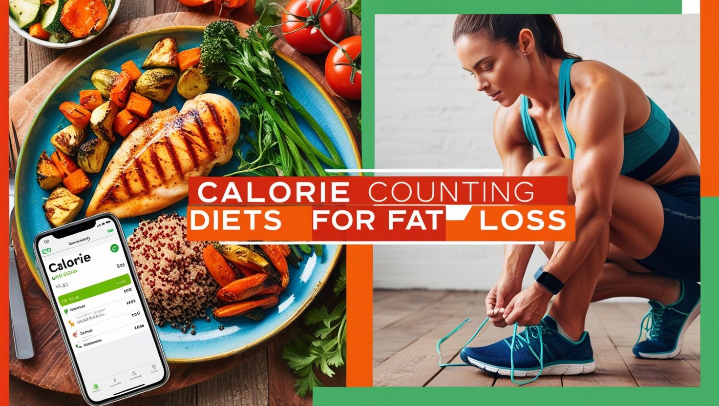 Grilled chicken and vegetables on a plate with a phone showing a calorie app, and a fit woman tying her sneakers. Text reads "Calorie Counting Diets for Fat Loss."