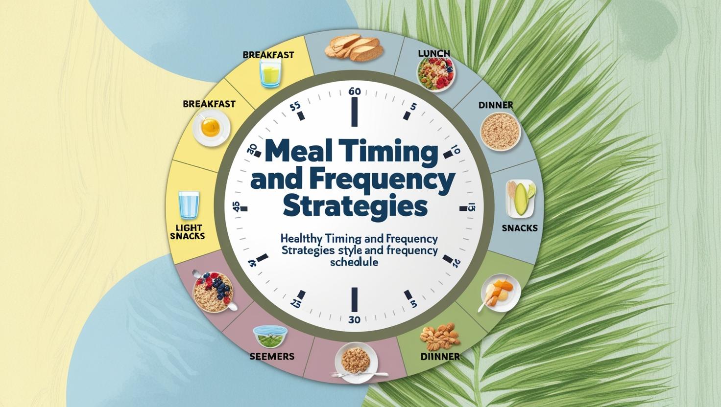 Circular infographic titled "Meal Timing and Frequency Strategies" with sections for breakfast, lunch, dinner, and snacks. Background has tropical leaves.