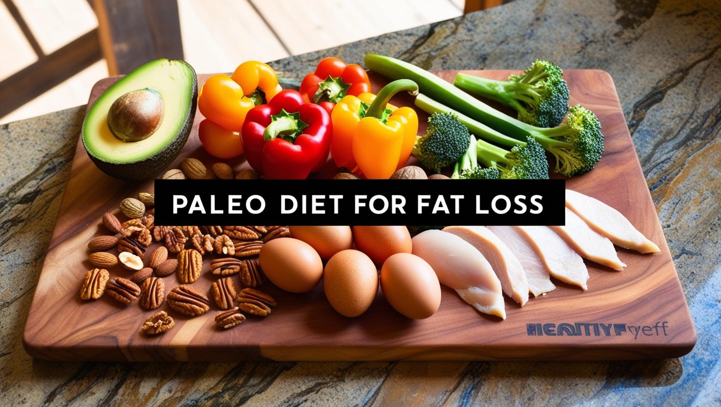 A wooden board displays an assortment of paleo-friendly foods: avocado, bell peppers, broccoli, nuts, eggs, and chicken. Text overlay reads "Paleo Diet for Fat Loss."