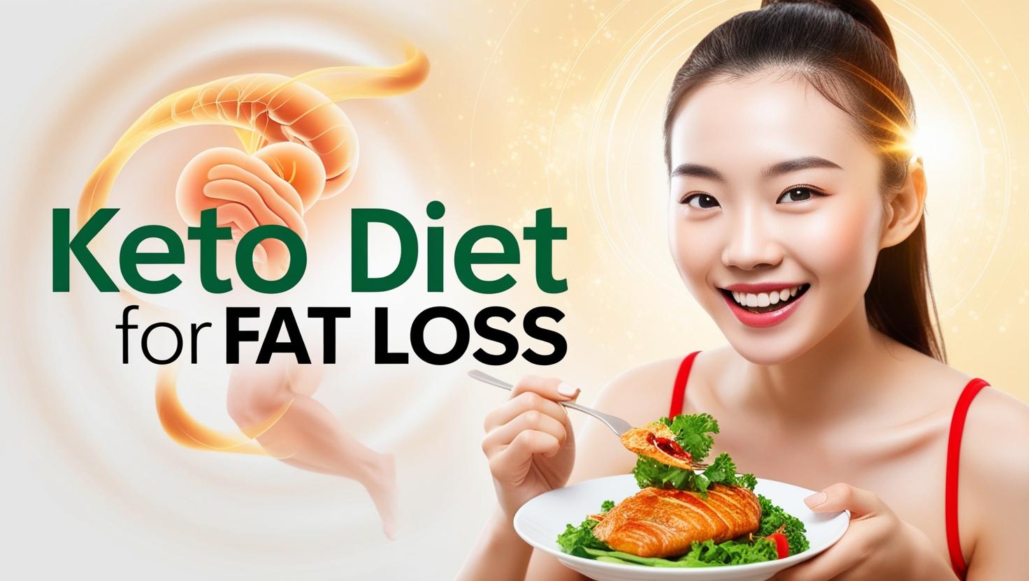 Smiling woman holds a plate of salmon and greens. Text reads "Keto Diet for Fat Loss." Background shows an abstract human digestive system.