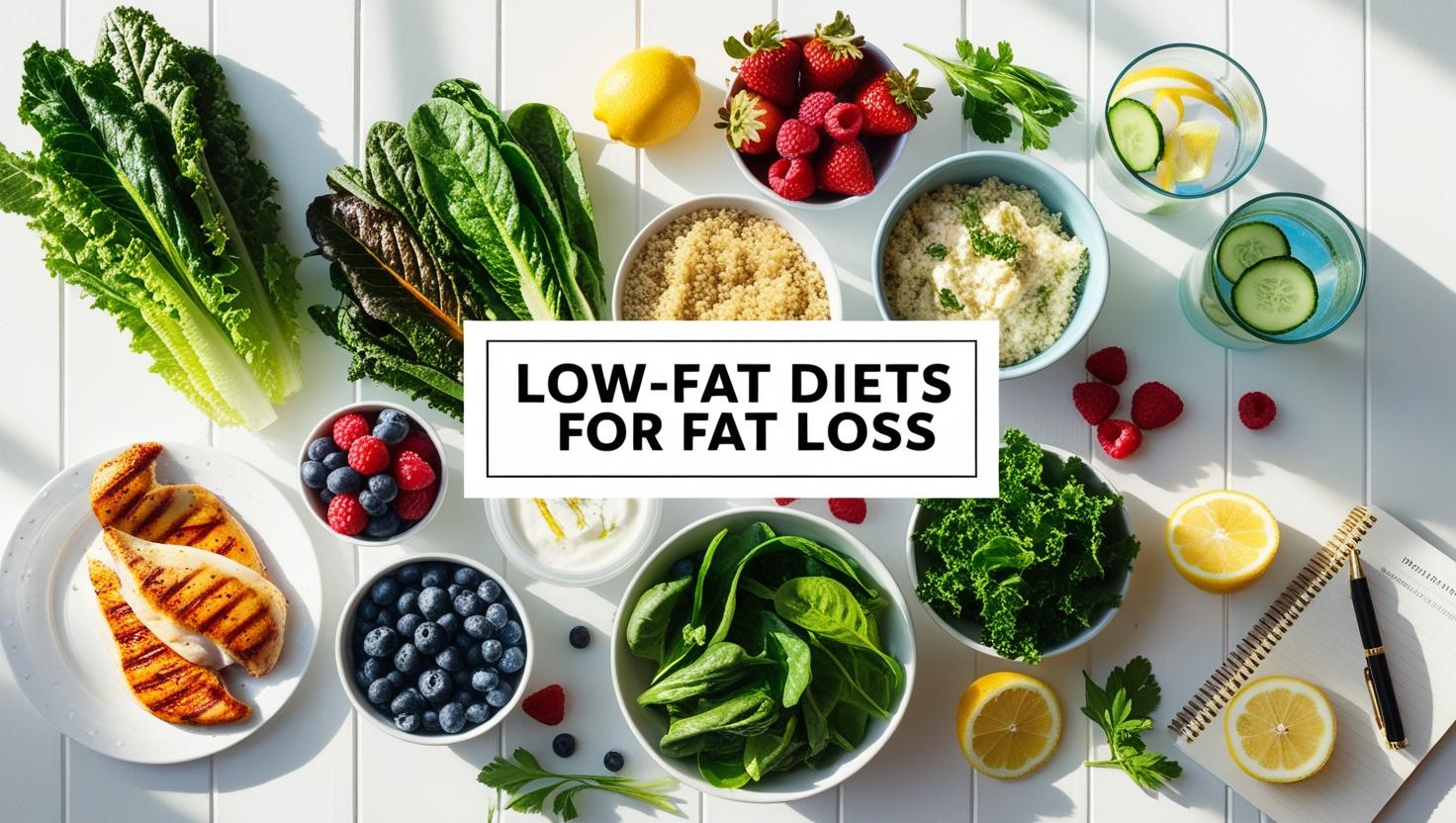 Fresh foods on a table include grilled chicken, leafy greens, berries, quinoa, and infused water. Text reads "Low-Fat Diets for Fat Loss." Bright and healthy tone.