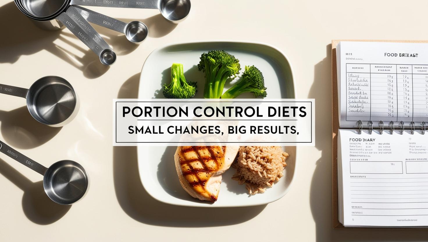 Alt text: "Image of a plate with grilled chicken, broccoli, and rice beside measuring spoons and an open food diary. Text reads 'Portion Control Diets: Small Changes, Big Results.' The setting conveys a healthy eating and mindful diet planning theme."