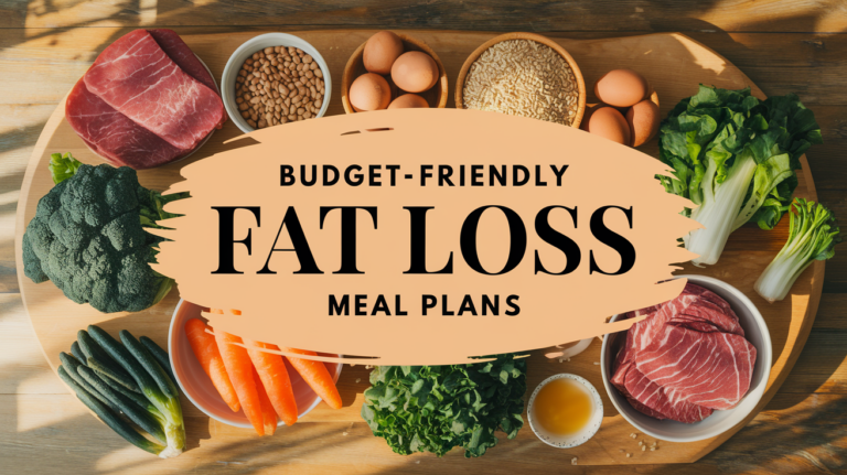 Alt text: "Budget-Friendly Fat Loss Meal Plans text overlaid on an image of healthy foods: beef, broccoli, carrots, eggs, bok choy, and grains."