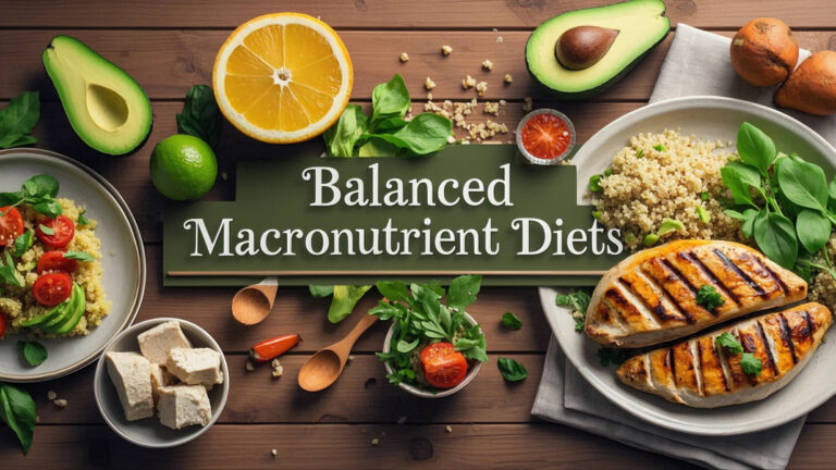 Alt text: "Healthy meal with grilled chicken, quinoa, avocado, and vegetables on wood table labeled 'Balanced Macronutrient Diets.' Fresh, wholesome vibe."