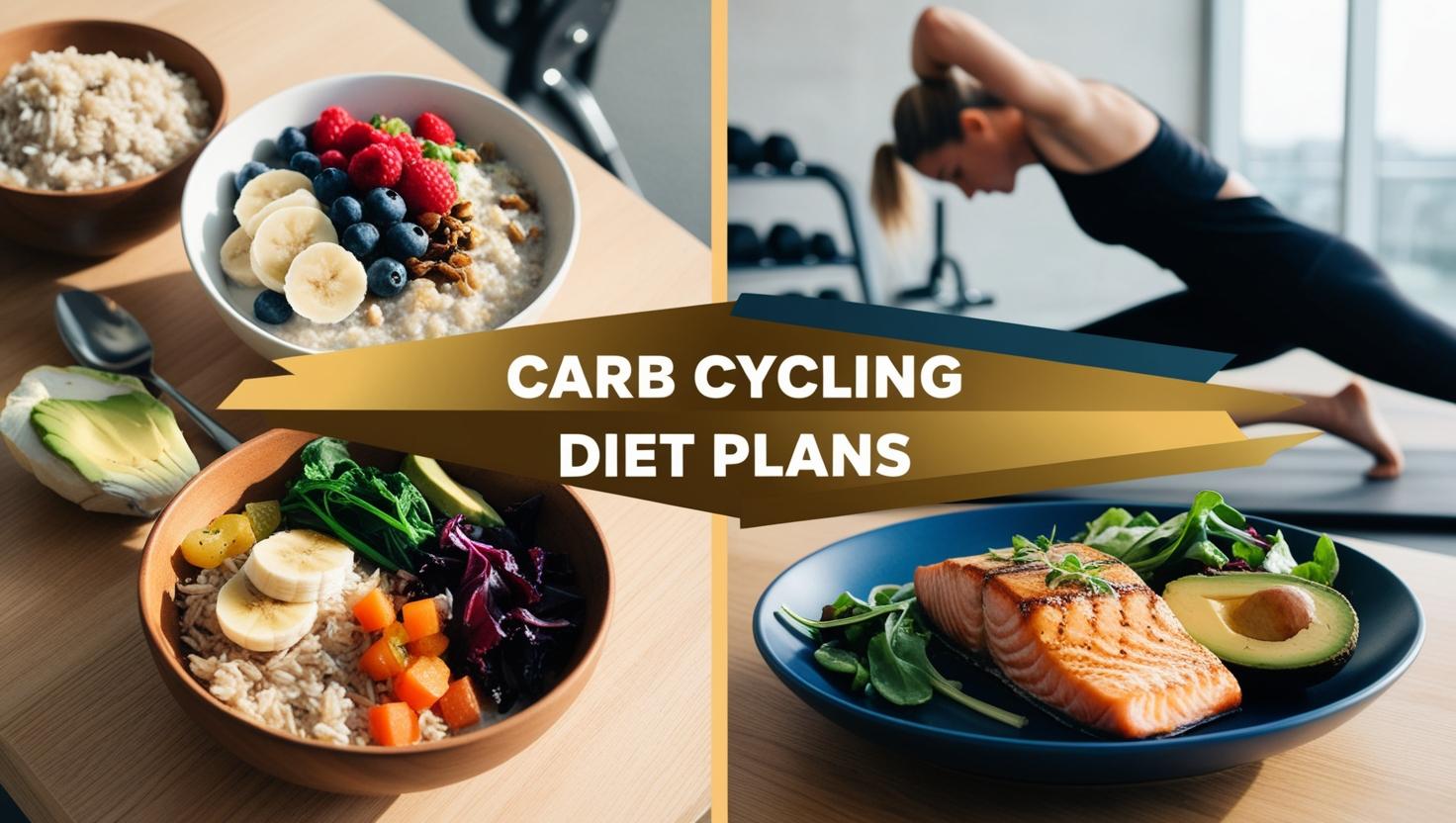 Two images depict healthy meals featuring bowls of oatmeal and salmon with avocado, split by text "Carb Cycling Diet Plans." A woman exercises in the background.