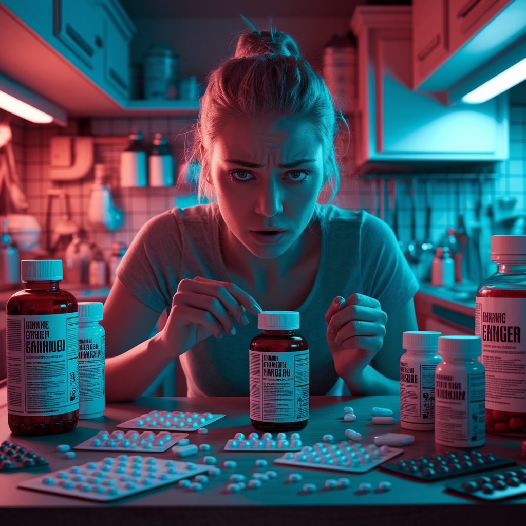 A dark, ominous laboratory setting. In the foreground, an array of questionable-looking pill bottles and supplement containers, their labels obscured by shadows. The middle ground features a sinister-looking figure in a lab coat, hands outstretched as if presenting the dangerous concoctions. The background is shrouded in a hazy, dimly lit atmosphere, suggesting the potentially harmful and clandestine nature of these so-called "fat loss supplements." The overall scene conveys a sense of unease and the grave risks associated with these products. A woman in a kitchen, illuminated by blue and red lights, looks stressed while surrounded by numerous medication bottles and pills on the table.