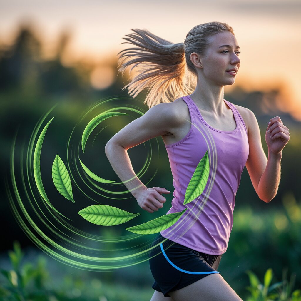 A woman jogging outdoors at sunset, wearing a pink tank top. Her ponytail swings as she runs. Green swirling leaves symbolize energy and nature.